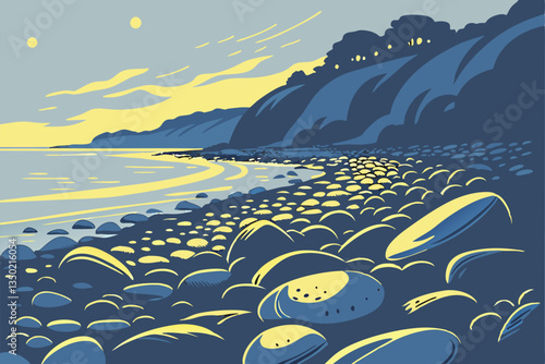 25 Glowing pebbles on beach, magical illuminated stones, bokeh lights, night photography, shallow depth of field, coastal landscape, bioluminescent rocks, dreamy atmosphere, blue and gold tones, ether