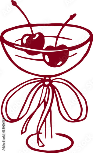 Cocktail with cherry and bow. Coquette rococo art.