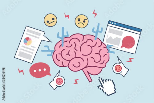 Brain rot toxic social media addiction causing depression, anxiety and negative harmful mind, online overwhelmed, cyber bullying or doomscrolling concept, human brain rot with toxic social media.