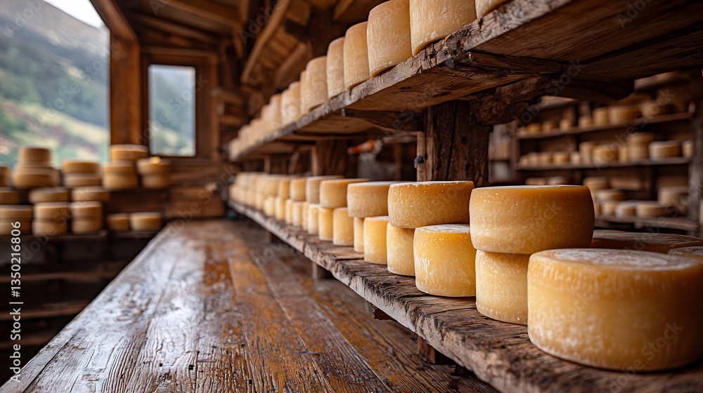 Interior of a Basque cheese making workshop with wheels of Idiazabal cheese aging on wooden shelves captured with a prime lens Interior of a Basque cheese making workshop with wheels of Idiazabal cheese aging on wooden shelves captured with a prime lens