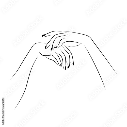 Elegant line art of crossed female hands with black nails illustration