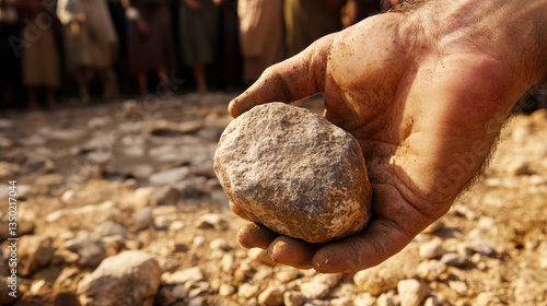 Close-up of a person throwing a stone on the ground after Jesus Christ said: 