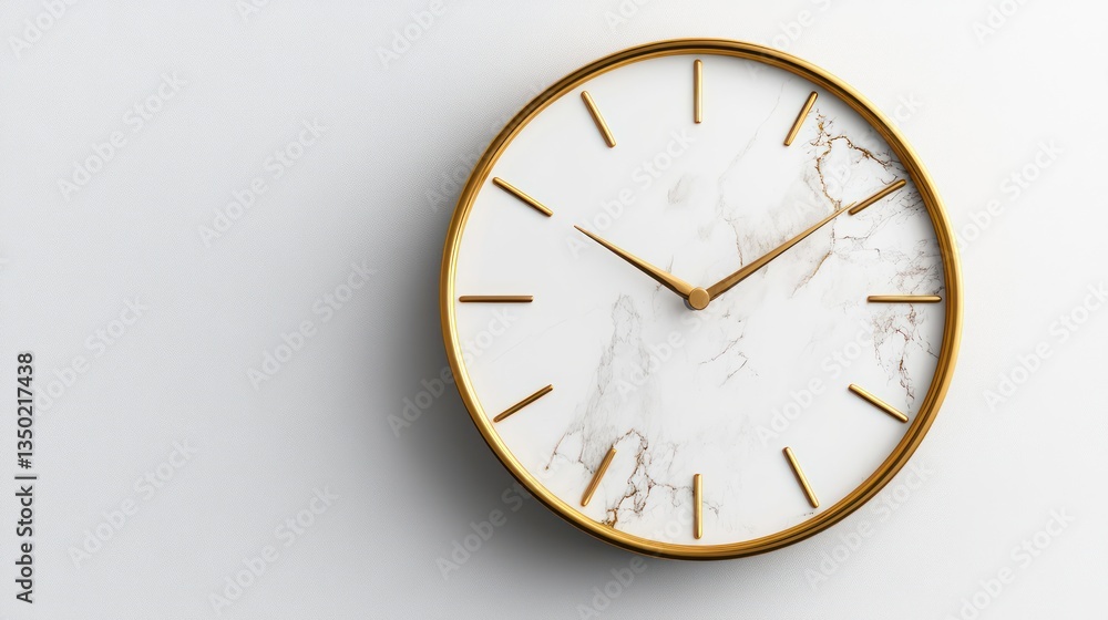 Marble clock, gold frame, white wall, minimalist design, time management Marble clock, gold frame, white wall, minimalist design, time management