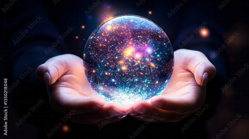 Fototapeta premium Person holding a glowing orb containing the galaxy within