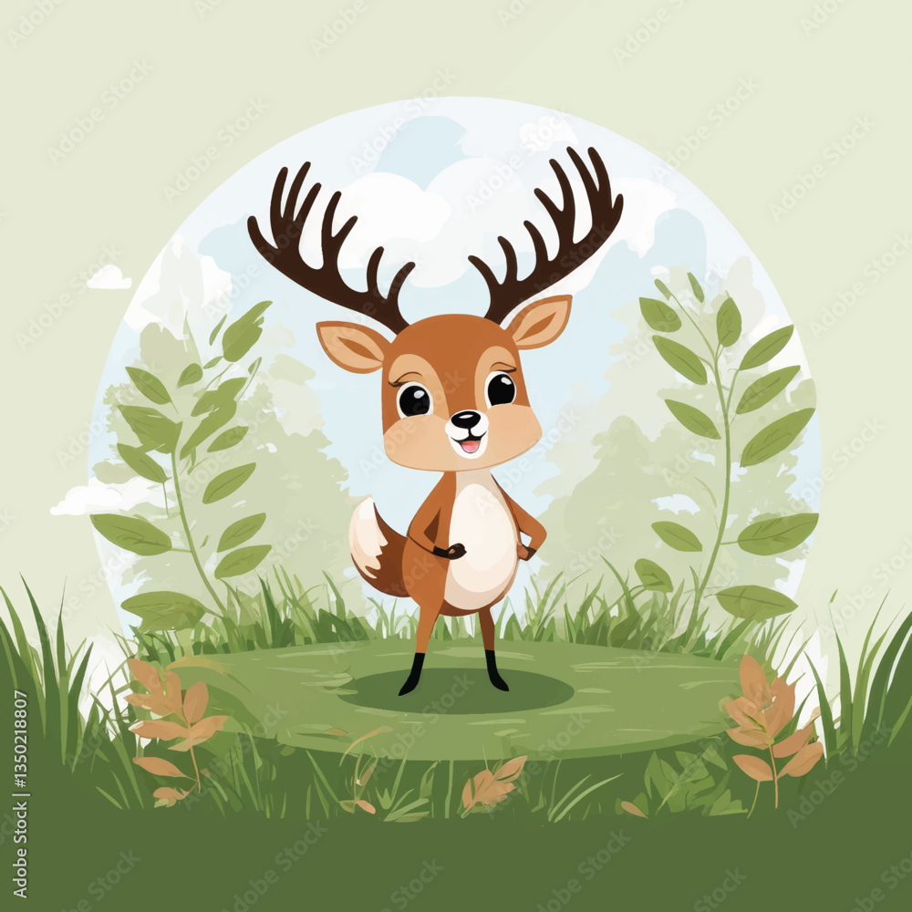 Naklejka premium Cute cartoon deer standing in a grassy field with foliage 