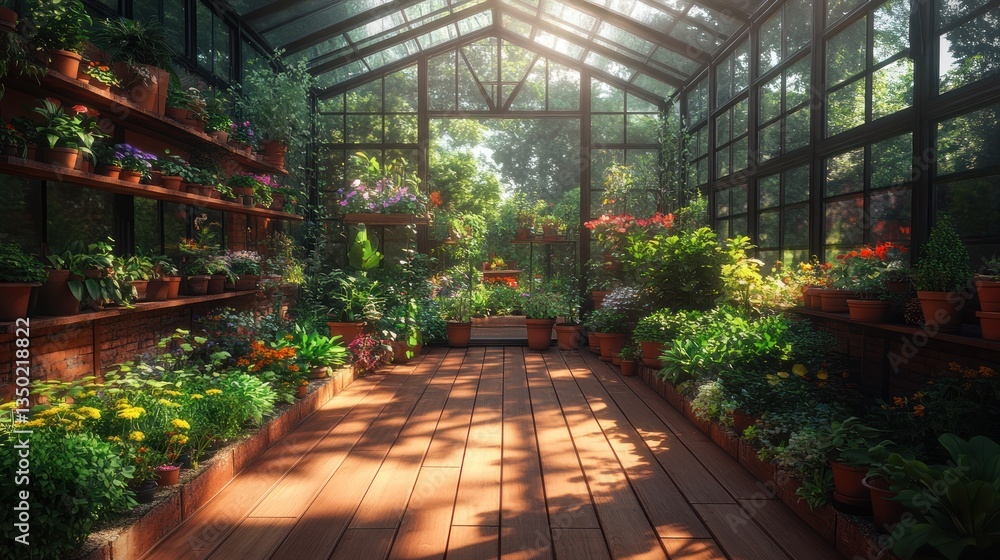 Sunny greenhouse with flowers and plants Sunny greenhouse with flowers and plants