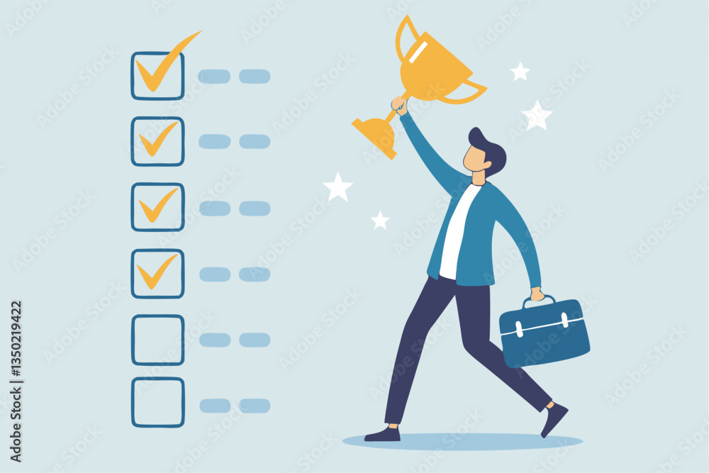 Habits or routine to success, checklist or factors to succeed and achieve goal, winner progress, planning, procedure or process concept, success businessman holding winner trophy with habit checklist. Habits or routine to success, checklist or factors to succeed and achieve goal, winner progress, planning, procedure or process concept, success businessman holding winner trophy with habit checklist.