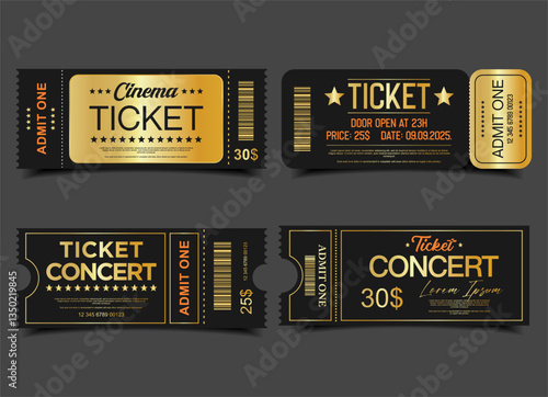 Concert, party or festival gold ticket design template admit one ticket design template  