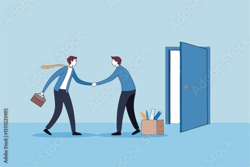 Offboarding process for employee leaving company, farewell or departure, quit job, decision for new opportunity, terminate work contract process, businessman manager check hands with leaving employee.