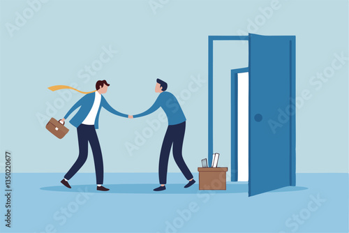 Offboarding process for employee leaving company, farewell or departure, quit job, decision for new opportunity, terminate work contract process, businessman manager check hands with leaving employee.
