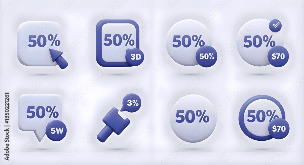 Set of 3D Rendered Discount Labels with 50 Percent Off Set of 3D Rendered Discount Labels with 50 Percent Off