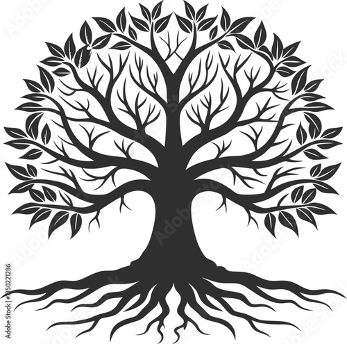  A Stylized Vector Illustration of a Majestic Tree with Spreading Branches and Roots, Symbolizing Growth, Connection, and Strength