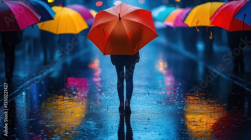 Rainy city street, colorful umbrellas, people walking, city lights reflected photo