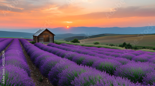 Endless Lavender Fields at Sunset with a Cozy Wooden Cabin