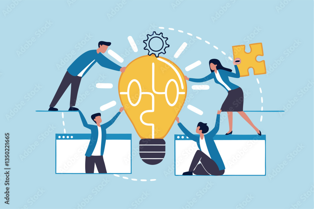 Team idea, teamwork solving problem, office meeting discussion brainstorm, innovation or creativity to success concept, business people staff, employees work together complete lightbulb jigsaw puzzle. Team idea, teamwork solving problem, office meeting discussion brainstorm, innovation or creativity to success concept, business people staff, employees work together complete lightbulb jigsaw puzzle.