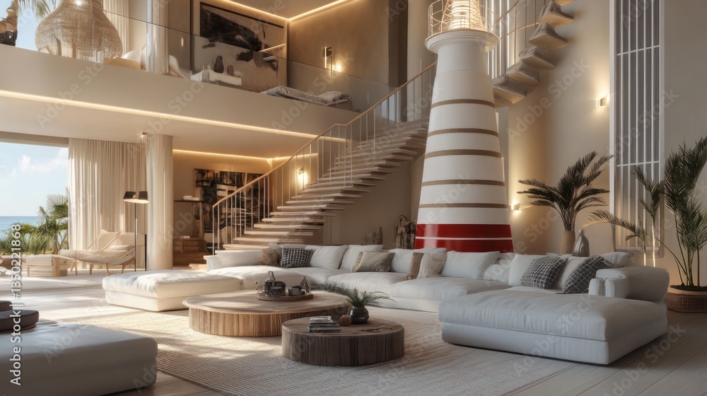 Obraz premium Coastal Luxury Home Interior Design, Ocean View, Lighthouse Feature