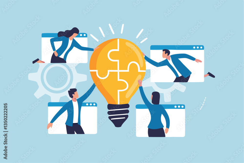 Team idea, teamwork solving problem, office meeting discussion brainstorm, innovation or creativity to success concept, business people staff, employees work together complete lightbulb jigsaw puzzle. Team idea, teamwork solving problem, office meeting discussion brainstorm, innovation or creativity to success concept, business people staff, employees work together complete lightbulb jigsaw puzzle.