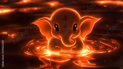 Glowing baby elephant in fiery water.