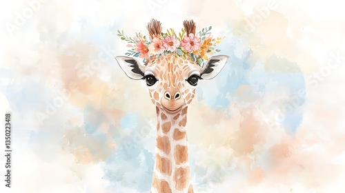 Floral Crown Giraffe Watercolor Portrait.