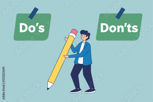 Do and don't checklist, positive suggestion and negative to avoid, correct and false answer on paper note, wrong and right to do list concept, businessman write do and don't checklist on sticky notes.