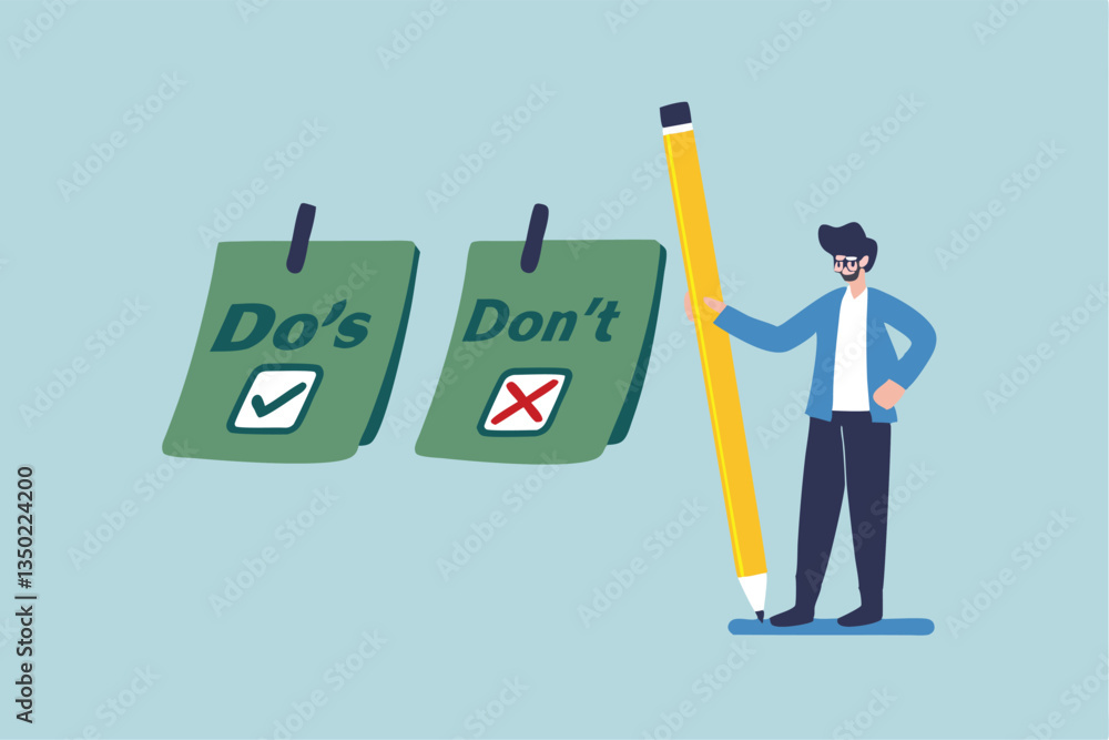 Do and don't checklist, positive suggestion and negative to avoid, correct and false answer on paper note, wrong and right to do list concept, businessman write do and don't checklist on sticky notes. Do and don't checklist, positive suggestion and negative to avoid, correct and false answer on paper note, wrong and right to do list concept, businessman write do and don't checklist on sticky notes.