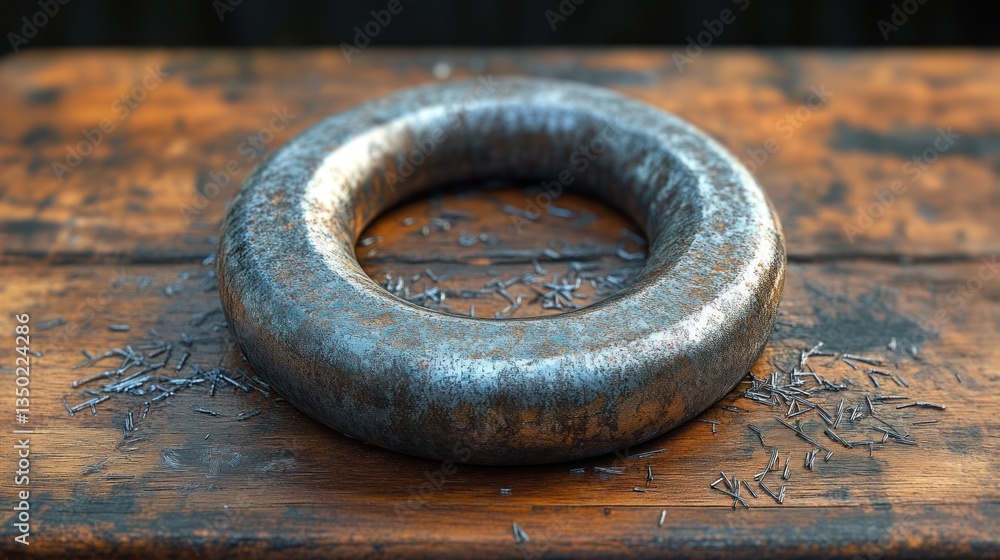 Rusty metal ring on weathered wooden surface with shavings Rusty metal ring on weathered wooden surface with shavings