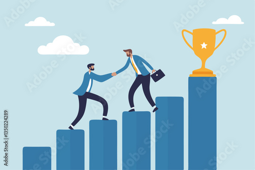 Manager support mentor or guidance help to reach success, consultant, assistance expert to help achieve business goal concept, businessman manager help employee to climb up to reach success trophy.