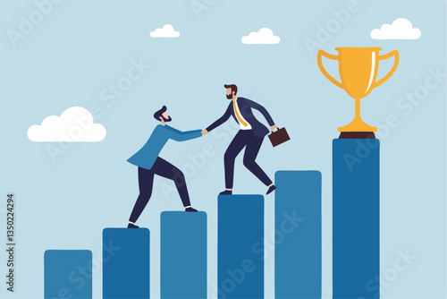 Manager support mentor or guidance help to reach success, consultant, assistance expert to help achieve business goal concept, businessman manager help employee to climb up to reach success trophy.