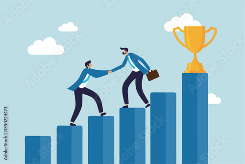 Manager support mentor or guidance help to reach success, consultant, assistance expert to help achieve business goal concept, businessman manager help employee to climb up to reach success trophy.