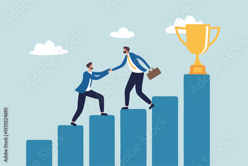 Manager support mentor or guidance help to reach success, consultant, assistance expert to help achieve business goal concept, businessman manager help employee to climb up to reach success trophy.