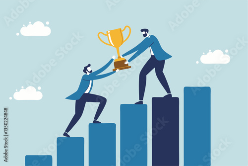 Manager support mentor or guidance help to reach success, consultant, assistance expert to help achieve business goal concept, businessman manager help employee to climb up to reach success trophy.