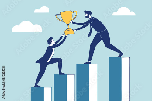 Manager support mentor or guidance help to reach success, consultant, assistance expert to help achieve business goal concept, businessman manager help employee to climb up to reach success trophy.