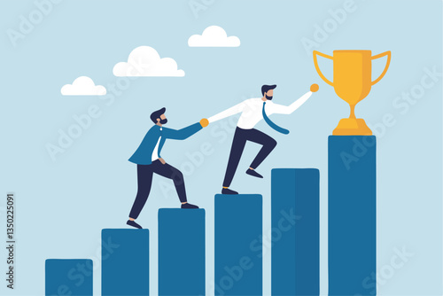 Manager support mentor or guidance help to reach success, consultant, assistance expert to help achieve business goal concept, businessman manager help employee to climb up to reach success trophy.