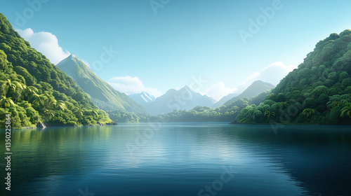 A remote cliff provides a wide panoramic view of pristine waters reflecting bright sunlight. Dramatic mountain ridges rise majestically against a clear blue sky, celebrating nature's beauty