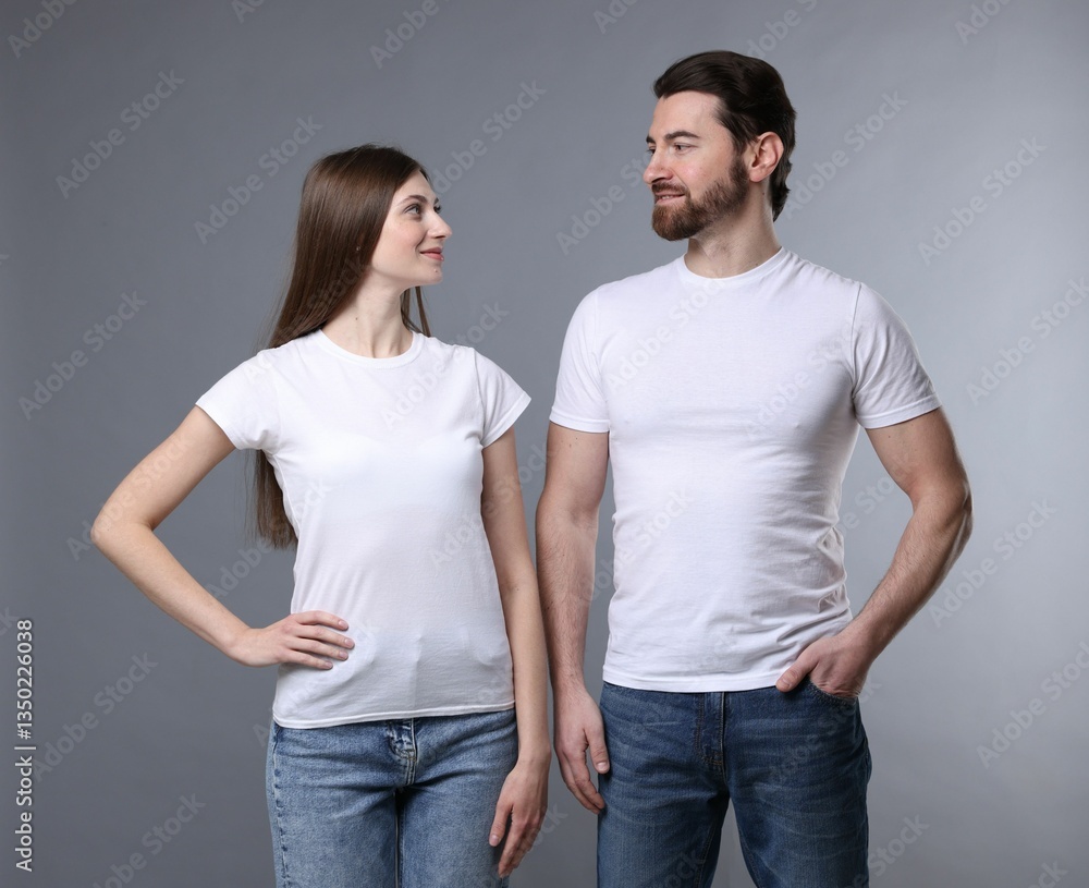 Woman and man wearing blank white t-shirts on light grey background. Mockup for design Woman and man wearing blank white t-shirts on light grey background. Mockup for design