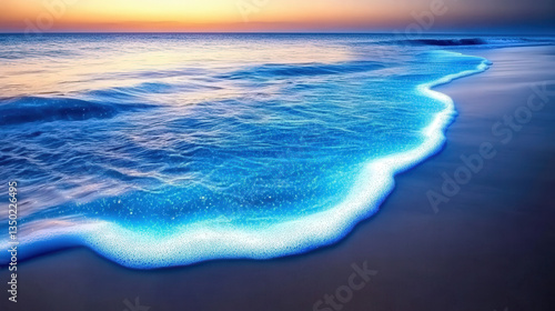 Bioluminescent plankton glows brilliantly along a deserted beach at midnight, lighting up the wet sand with neon sparkles while gentle waves lap the shore under a starlit sky