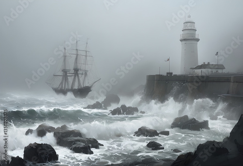 Wallpaper Mural A dramatic seascape with a vintage sailing ship struggling through waves near a lighthouse in foggy, stormy weather. Evokes adventure and peril. Torontodigital.ca