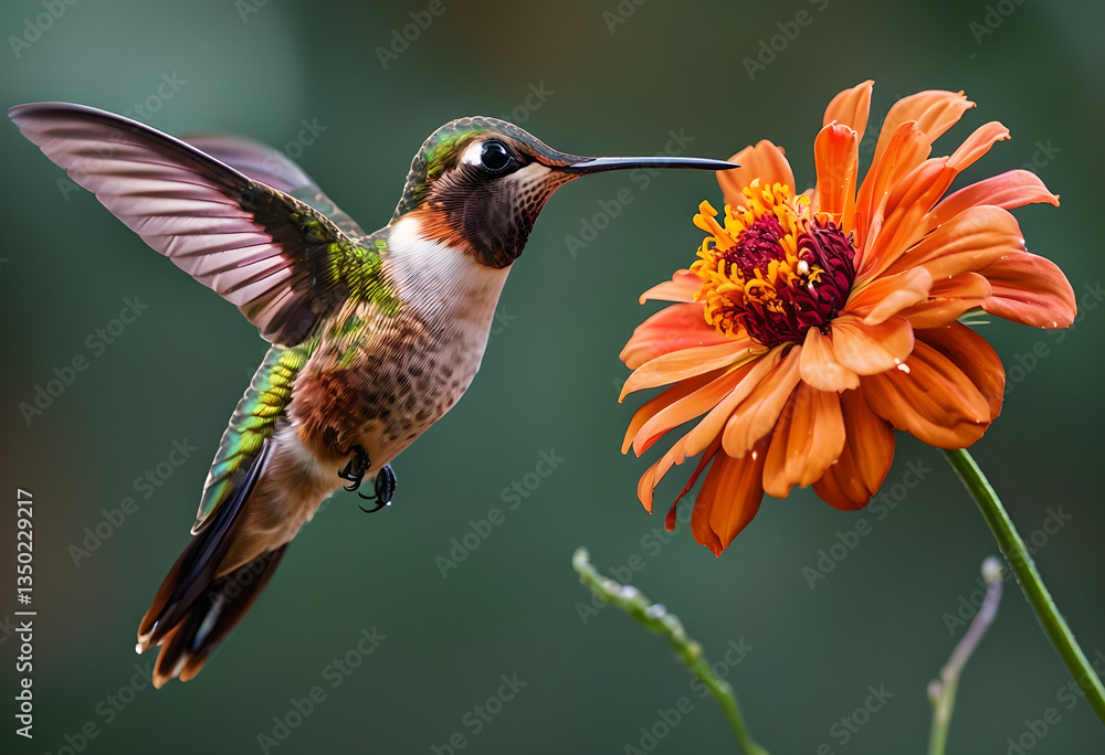 Fototapeta premium A colorful hummingbird hovers midair while sipping nectar from a vivid orange blossom. A stunning nature moment full of motion and life.