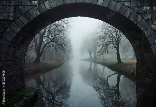  A quiet winter landscape featuring a stone arch bridge over a still river, with bare trees reflected in the water. A moody and peaceful seasonal scene.