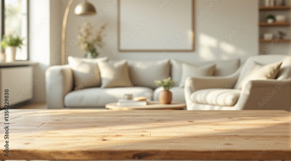 A clean wooden table is in sharp focus in the foreground, with a cozy, modern and minimalist living room faintly visible in the background. A clean wooden table is in sharp focus in the foreground, with a cozy, modern and minimalist living room faintly visible in the background.