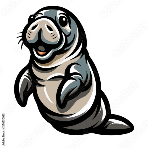 a charming cartoon illustration of a manatee with a smiling expression 