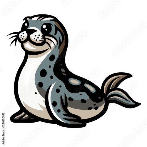 a cute cartoon illustration of a seal, smiling and looking friendly. It has a round body and is in a sitting position