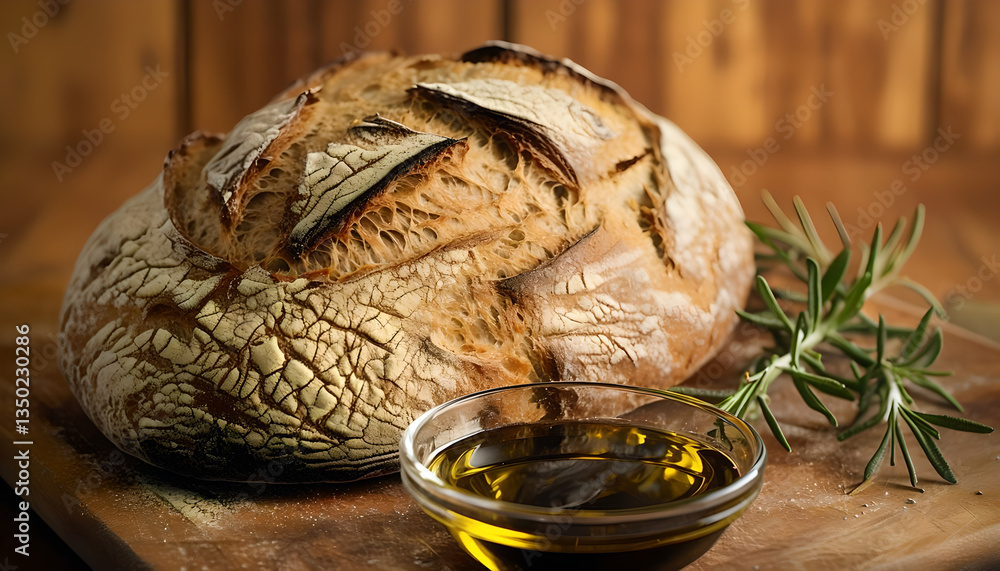 Rustic Artisan Bread with Olive Oil on a Wooden Table Rustic Artisan Bread with Olive Oil on a Wooden Table