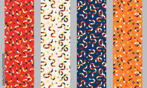 Collection of modern seamless patterns with geometric rectangle shapes in form of a coiled snake in yellow, blue, red, orange, white colors. Minimalist trendy wallpaper with serpents in Bauhaus style