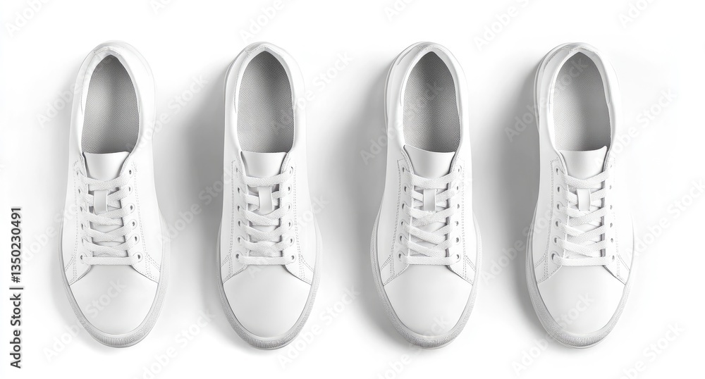 Three pairs of white sneakers, top view, against white background Three pairs of white sneakers, top view, against white background