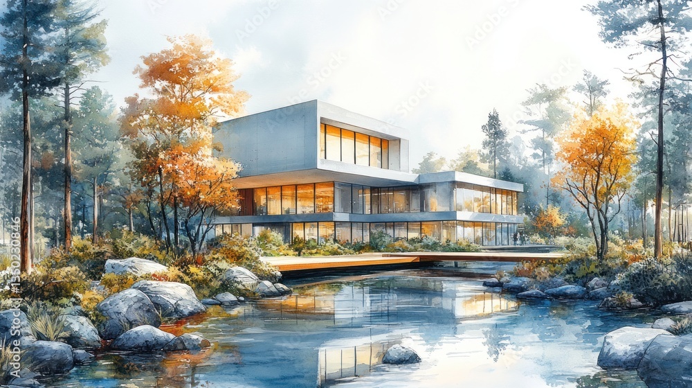 Obraz premium Modern autumn house, forest lake, tranquil design, real estate