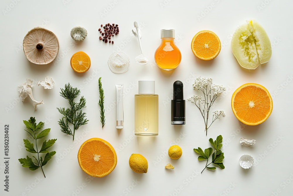 Natural Skincare Products, Citrus & Herbs, Flatlay, White Background Natural Skincare Products, Citrus & Herbs, Flatlay, White Background