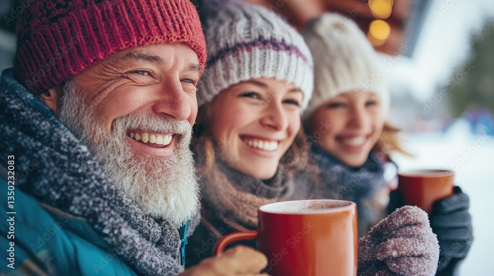 A joyful group of three people, including an elderly man and two women, smiling while holding warm drinks in vibrant mugs against a snowy outdoor backdrop, capturing a cozy winter atmosphere A joyful group of three people, including an elderly man and two women, smiling while holding warm drinks in vibrant mugs against a snowy outdoor backdrop, capturing a cozy winter atmosphere