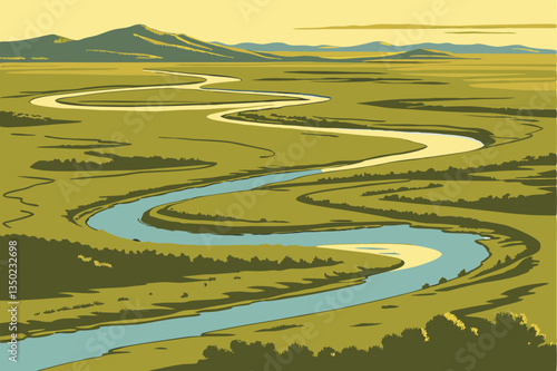 27 Aerial view, meandering river, lush green landscape, winding waterways, vast wilderness, bird's eye perspective, golden sunlight, intricate river patterns, blue water channels, untouched nature, ex