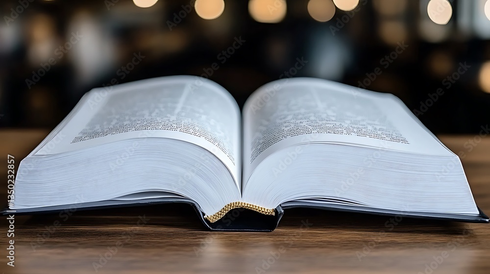 Open book on wooden table. Open book on wooden table.